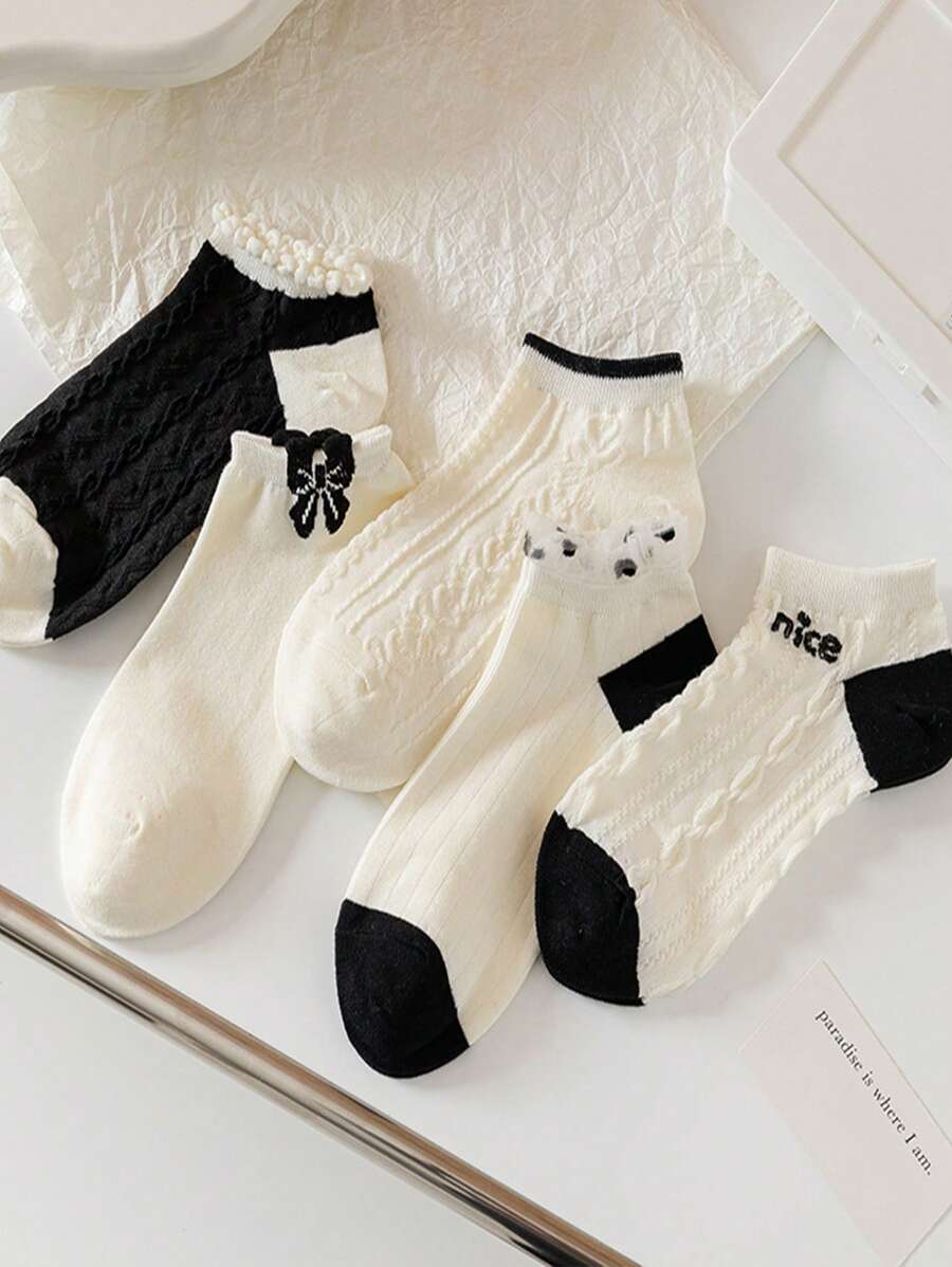 5 Pairs Women Summer Thin Ankle Socks, Korean & Japanese Style White Lace Trim Socks, Boat Socks For Girls