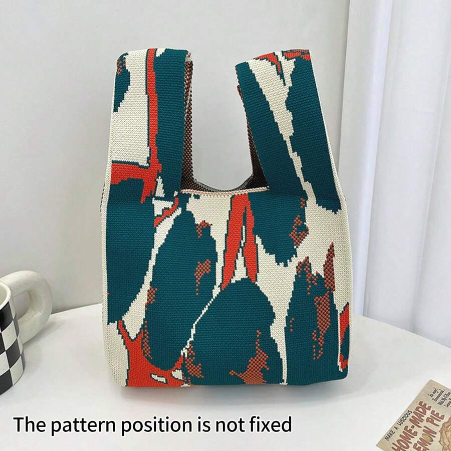 1 peça pintura a tinta grafite contrastante de cor vazada crochê respirável leve dobrável portátil guarda-chuva/cosméticos/livro bolsa de ombro feminina casual de boca aberta bolsa para férias diárias, deslocamento escolar, compras, fotografia, viagens, acampamento, adequada para todas as estações