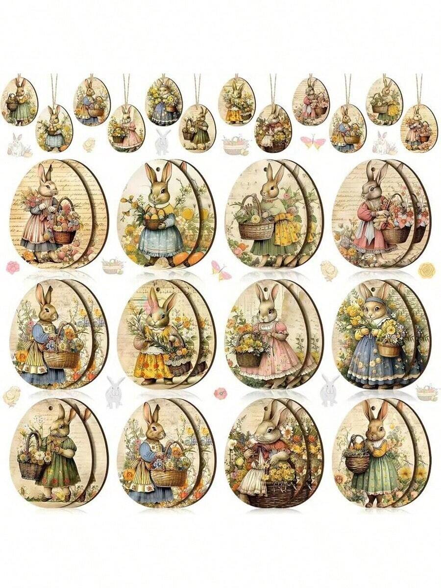 12 pièces décorations de Pâques lapin rétro, œufs de Pâques en bois creux, décoration de fête de printemps, ornements d'arbre de fête, décoration de jardin saisonnière, décoration murale de maison, décorations pour enseignants