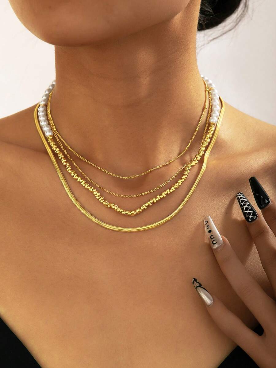 Set de 3 collares multicapa de imitación de perlas, diseño de cadena tipo hueso de serpiente, accesorios de estilo simple y elegante color dorado para mujer, para uso diario y como regalo