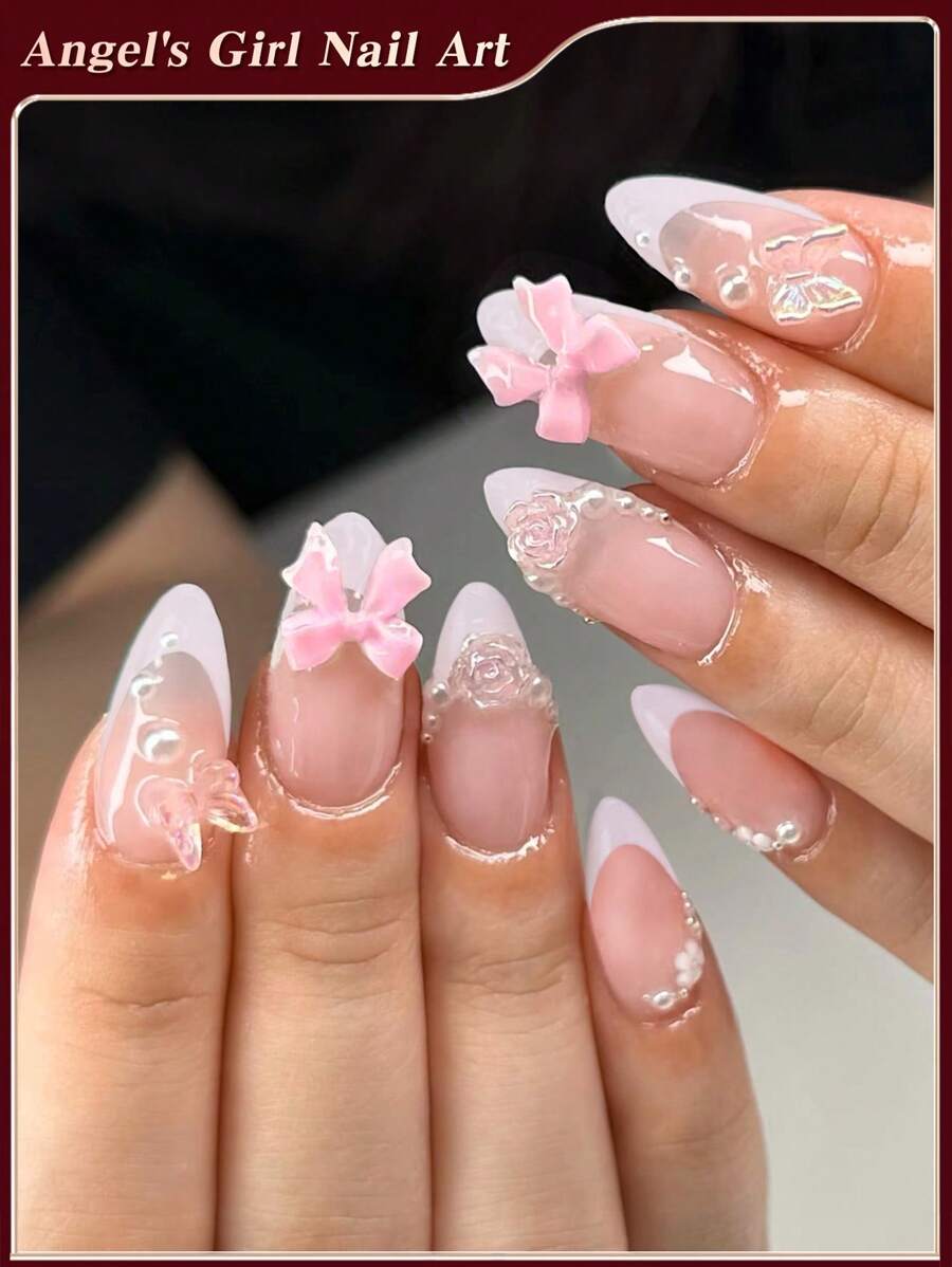 24 stuks/set witte Franse amandel pers op nagels tip 3D roze strik & bloem met parel ontwerp acryl nagels volledige dekking nepnagels, bevat 1 stuk gelei lijm en 1 stuk nagelvijl, geschikte geschenken voor vrouwen en meisjes