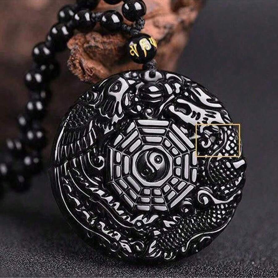1 pieza Colgante de Dragón y Fénix de Obsidiana Negra Bagua, apropiado para uso diario por mujeres y hombres