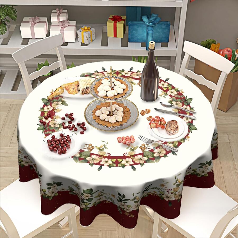 1pc White Small Flower Design Round Tablecloth,Polyester Table Cover - Perfect For Spring Theme Home Kitchen Dining Party Decoration And Room Decor,Spring And Summer Decoration