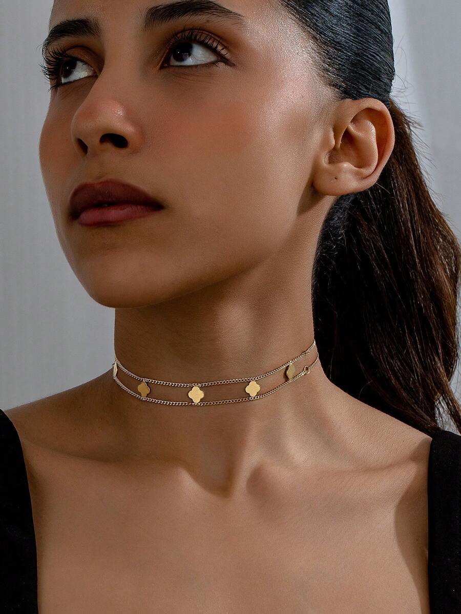 1pc Minimalist & Luxury Style Double Chain Four-Leaf Clover Necklace, Retro-Artistic, Elegant Design Lucky Grass Clavicle Chain, Suitable For Women Office, Social Gatherings, Vacation, Beach, Back To School, Graduation, Student Gift, Teacher Gift