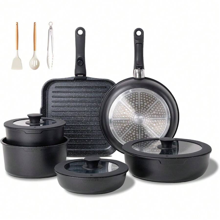 Set De Casseroles Et Poêles Avec Poignées Amovibles 25/26-Pièces,Poêle 20/26Cm,Casserole 18/20Cm,Poêle À Frire 26Cm,Poêle À Griller 26Cm,Revêtement Antiadhésifn,Compatible Toutes Les Cuisines