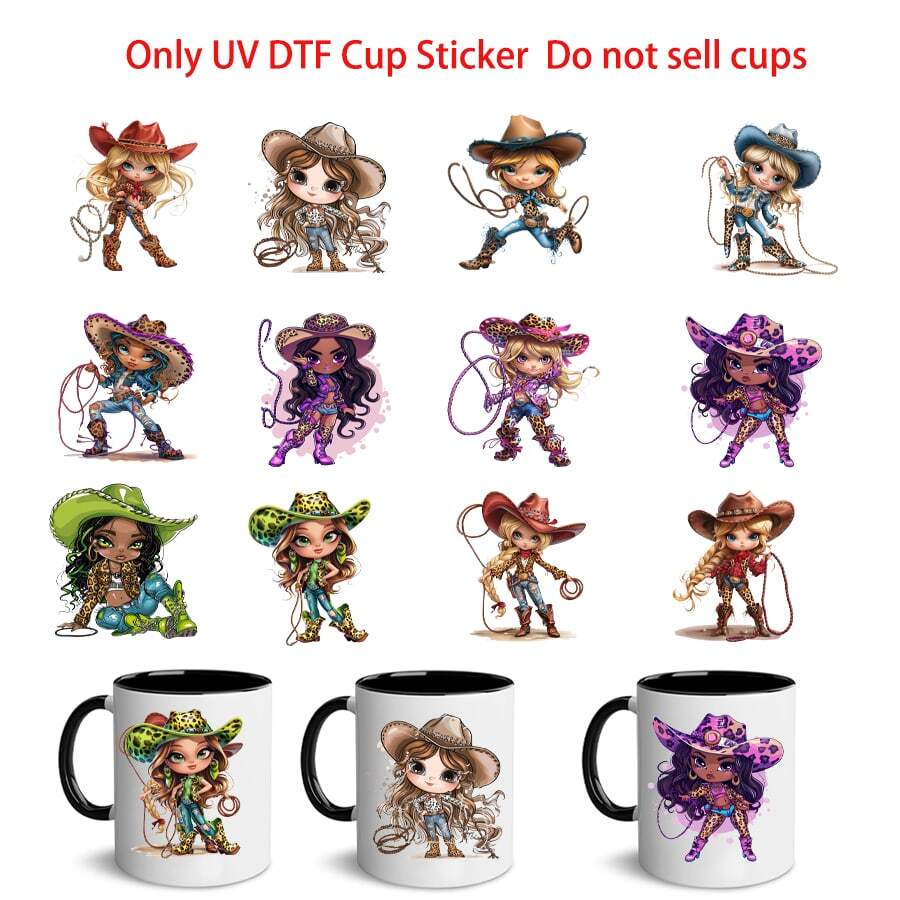 12pcs UV DT Ftransfer Paper, Personalized Cowgirl Girl Series Design Series Libbey Glass Cup Waterproof Transfer Paper Pack, Stainless Steel Roller Vinyl Transfer Paper, UV DTF, Suitable For Water Cups, T-Shirts, Refrigerators, Computers, Mugs And Any Flat Objects For Waterproof DIY Decoration (Cups Not Included)