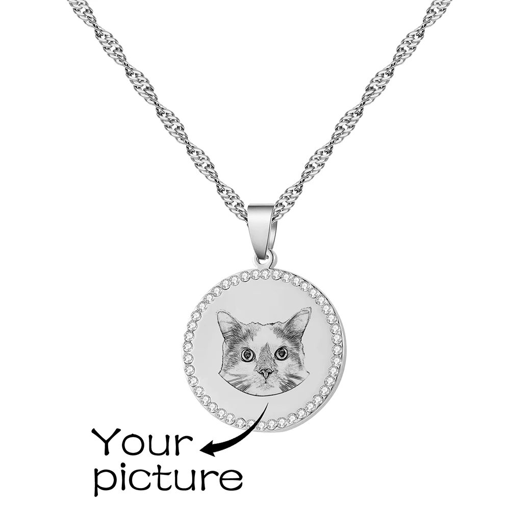 Personalized Engraved Picture Pave Disc Necklace: Custom Pet - Pattern Pendant For Pet Lovers As A Souvenir