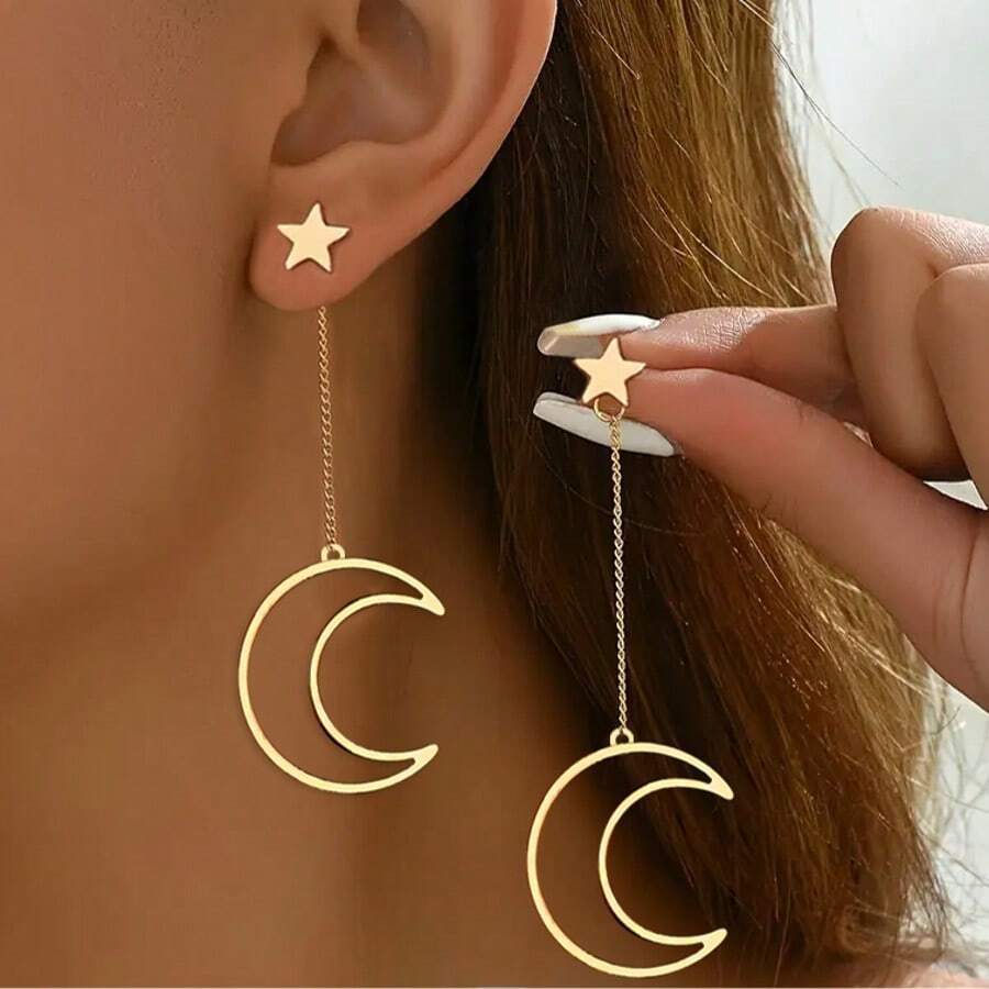 1 par de pendientes colgantes minimalistas con diseño de estrella y luna de Oriente Medio para el Ramadán, elegantes para uso diario