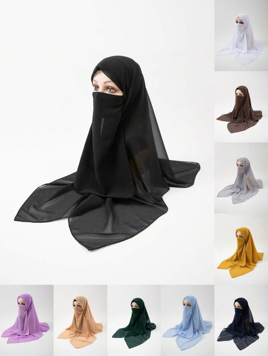 2 Stücke Damen neue Chiffon 110cm quadratischer Schal Bandana mit elastischem Band verstellbare Gesichtsmaske, muslimischer einfarbiger Hijab Kopftuch, klassische Outdoor-Tücher Set