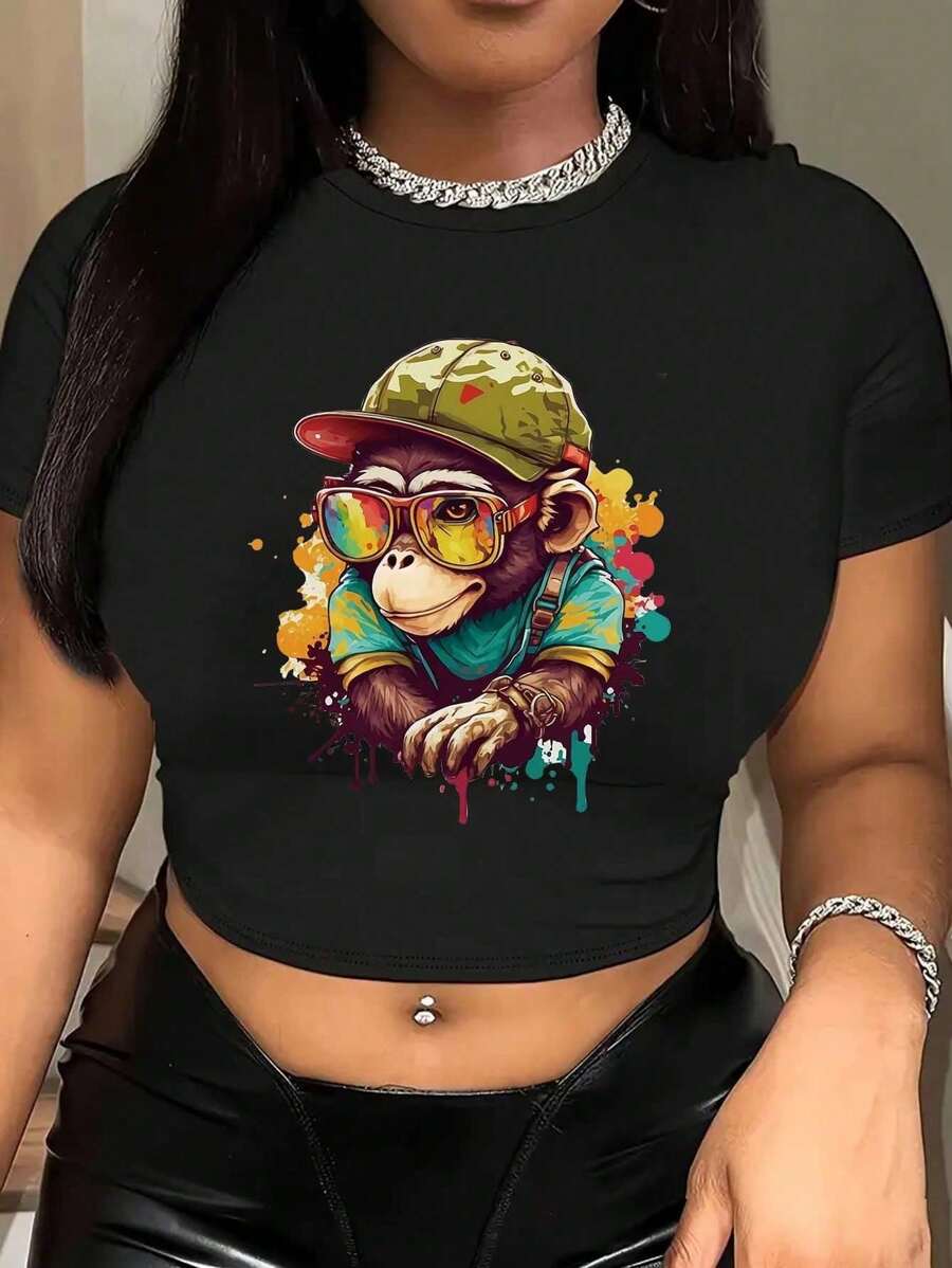 Camiseta corta con estampado gráfico, top corto de manga corta de primavera y verano estilo Y2K para mujeres