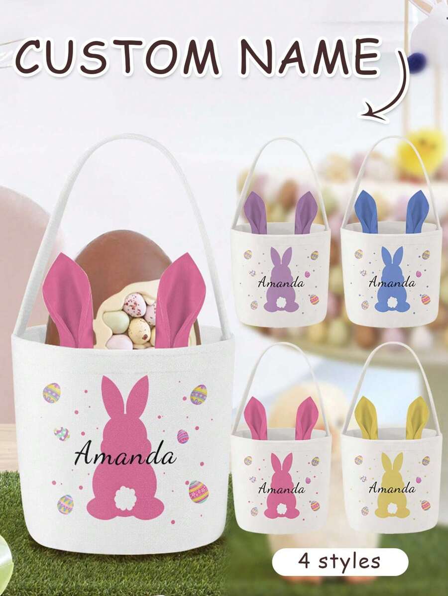 1 stuk aangepaste tas met konijnenoren, gepersonaliseerde paasmand, paasemmer met naam, monogram paastas, aangepaste naammand, konijnentas, cadeaus voor kinderen, ideeën voor paasmanden, praktisch, kleurrijk, grappig, kawaii, cartoon, aangepast, gepersonaliseerd, uniek, aangepast, vriendin, vriend, familie, vrienden