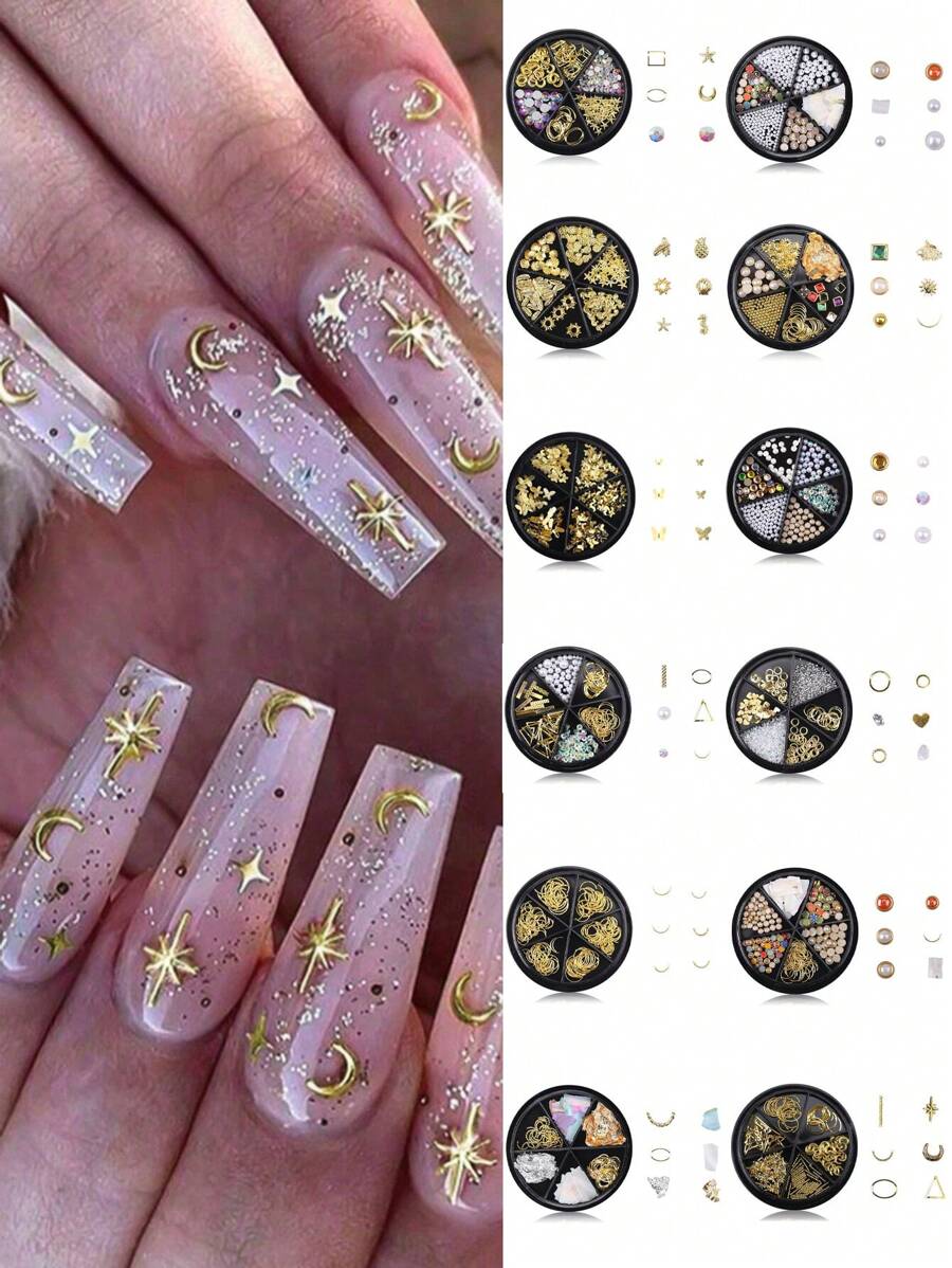 6 Grid 3D Nail Decoration Pendant Alloy Butterfly Shell Seahorse Starfish Pearl Ruby Color Round Beads 3D Metal Pendant Suitable For Nail Art Jewelry Making Technology DIY Nail Charms Nail Gems Nail Supplies
