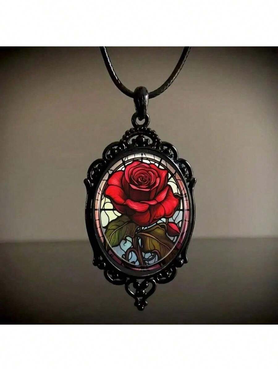 1 Peça Novo Chegada Charmoso Colar Colar com Pingente de Vidro Oval - Rosa Vermelha Em Moldura Preta Vintage