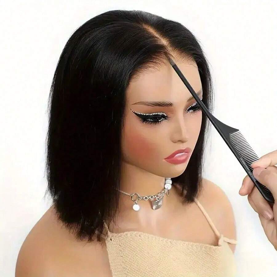 12 Inch Glueless 4x4 Lace Front Wig For Women Natural Black Brazilian Straight Human Hair 180% Density Transparent Lace Front Short Bob Cut With Youngsters Hair Pre-Plucked Glueless Wear(Bob Wig 10-14inch)