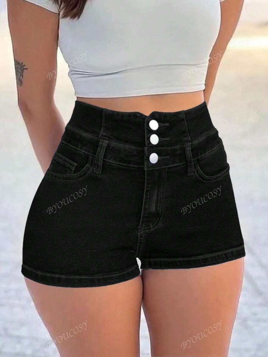 Women Single-Breasted Super High Waist Elastic Fitted Straight Leg Denim Shorts