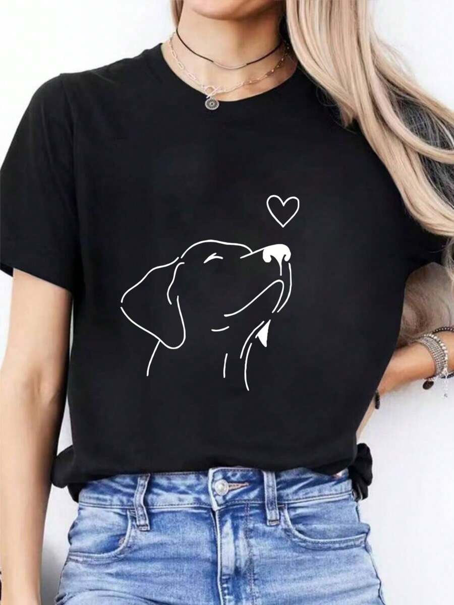 Dog With Heart Tee ,Casual Print,Comfortable And Versatile,Letter Pattern Pure Cotton 220g Printed T-Shirt
