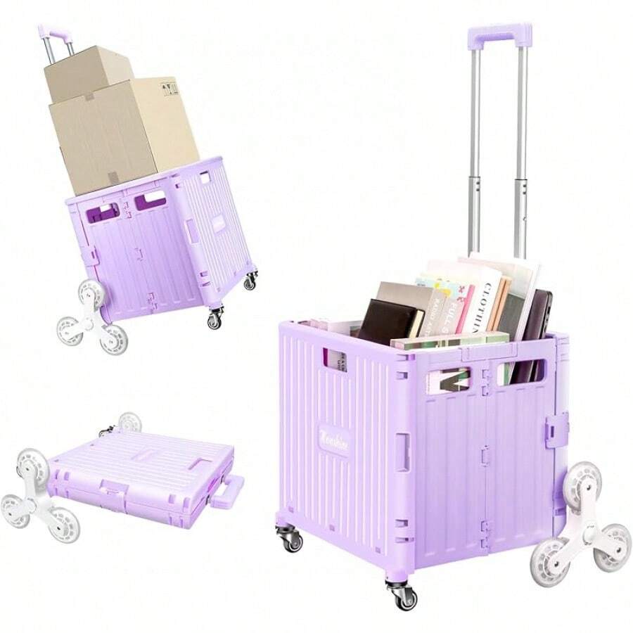 Foldable Rolling Crate For Stair Climbing : Handcart For Shopping Teacher Laundry (Lavender)