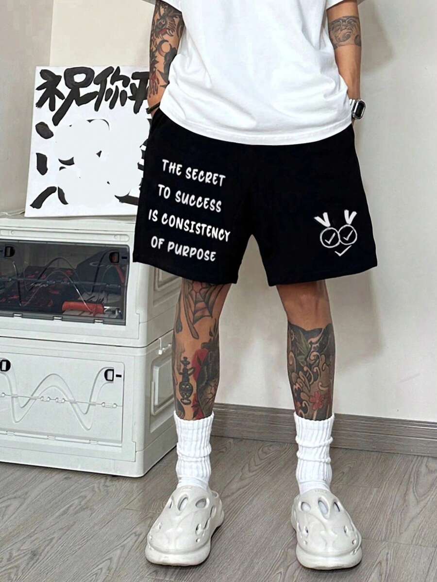 Printed Knit Fabric Loose Casual American Funny Letter Shorts, Versatile For Summer/Autumn