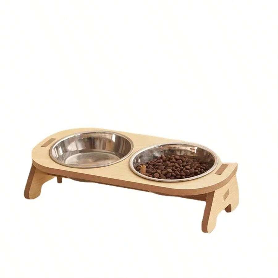 Cat Double Bowl Becoming Cat And Child Bowl Anti Overturning Cat Food Bowl Stainless Steel Pet Bowl Wooden Stand Small And Mediu