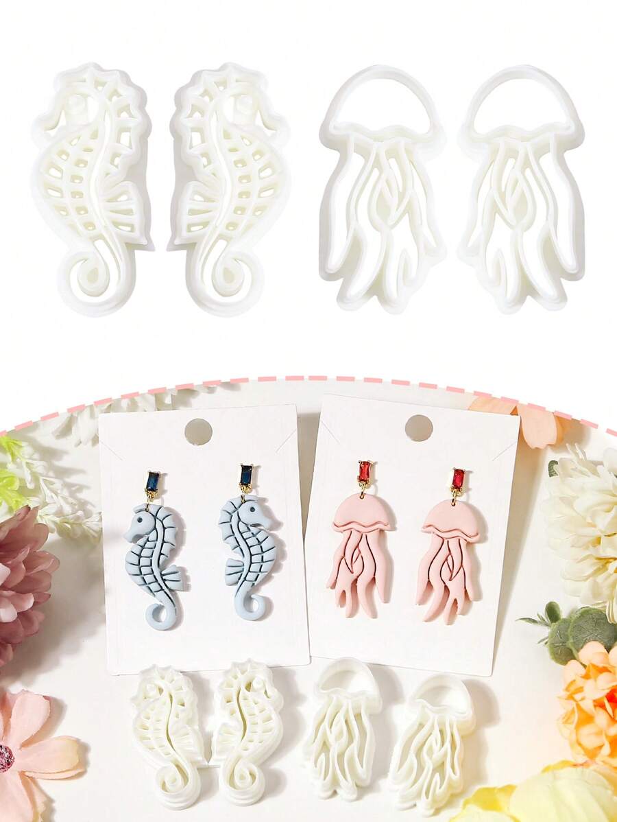 Meerestier Ton-Ausstecher, Quallen Seepferdchen Form Polymer Ton Ausstecher für DIY Ohrringe Schmuckherstellung, Ton Schneidewerkzeuge präzise Kunststoff-Bastelset für Anhänger, Ohrringe und Accessoires