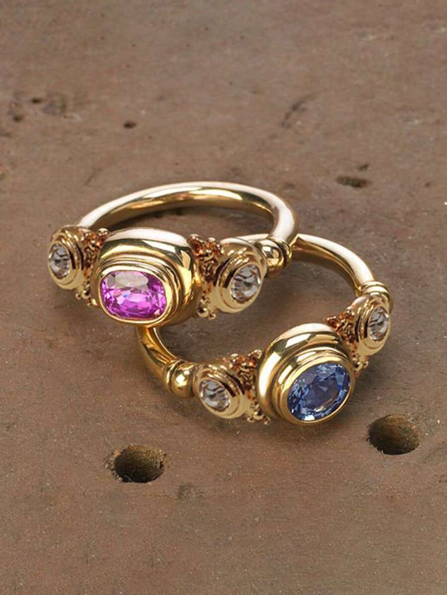 2pcs Geometric Faux Crystal Rhinestone Retro Metallic Multicolor Ring Set, For Women Party Accessories To Match Daily Outfit