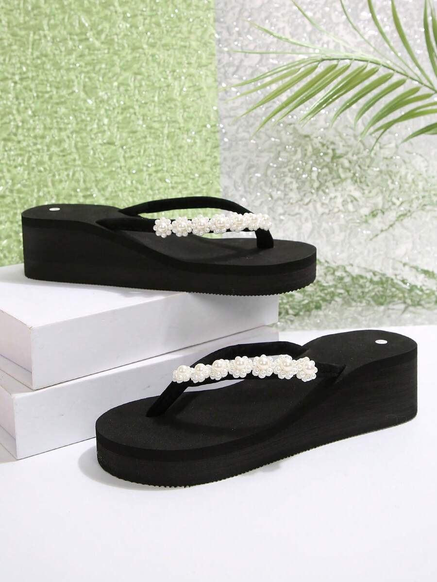 Moederdag cadeau, teenslippers, damessandalen met parelbloemdecoratie, open teen casual slippers, glanzende strandslippers voor vrouwen