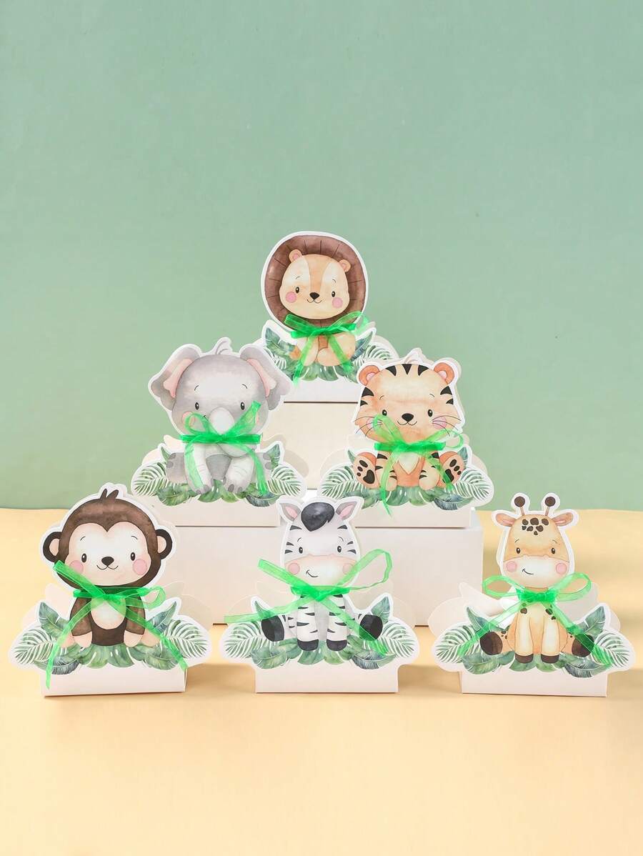 12 pièces Boîte cadeau thème animal, Mini boîte cadeau animal de la jungle avec ruban vert, boîte d'emballage style animal de la jungle pour la décoration de salle de fête d'anniversaire, baby shower, faveurs de fête de printemps