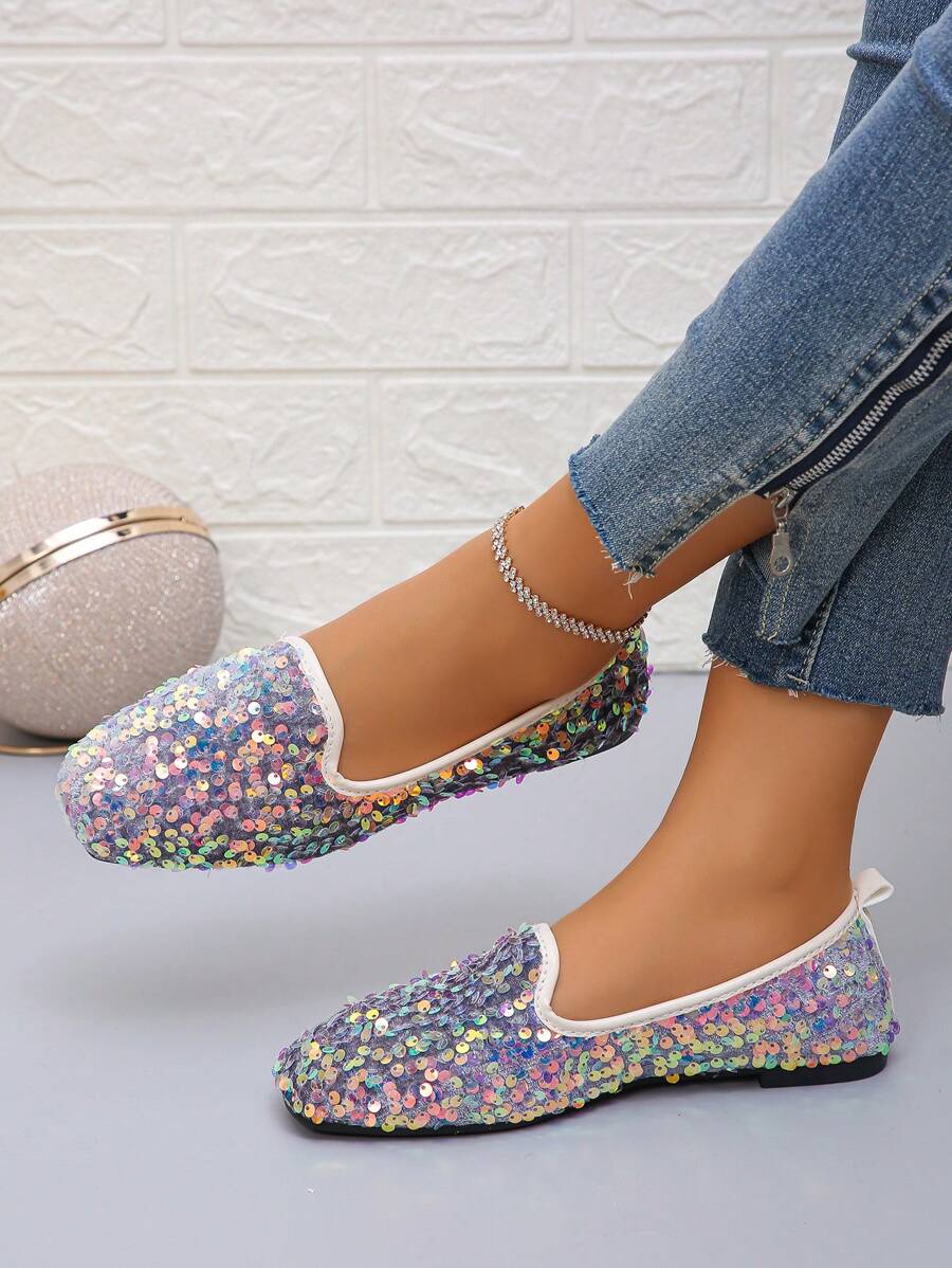 Women's Sequins Square Toe Low Heel Flat Ballet Flats For Casual Wear, Party, Wedding,With Random Patterned Gray Color
