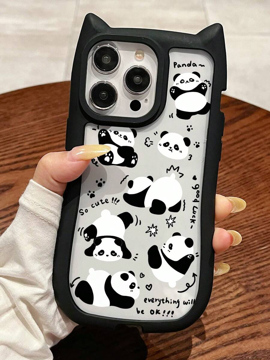 1pc Funny Panda Pattern Black Phone Case, Acrylic Cat Ear Design Lightweight Protective Cover, Compatible With IPhone 16/11/13/15/15 Plus/15 Pro/15 Pro Max/12/14 Pro Max/11 Pro/11 Pro Max/12 Pro/12 Pro Max/13 Pro/13 Pro Max/14 Pro/14 Plus