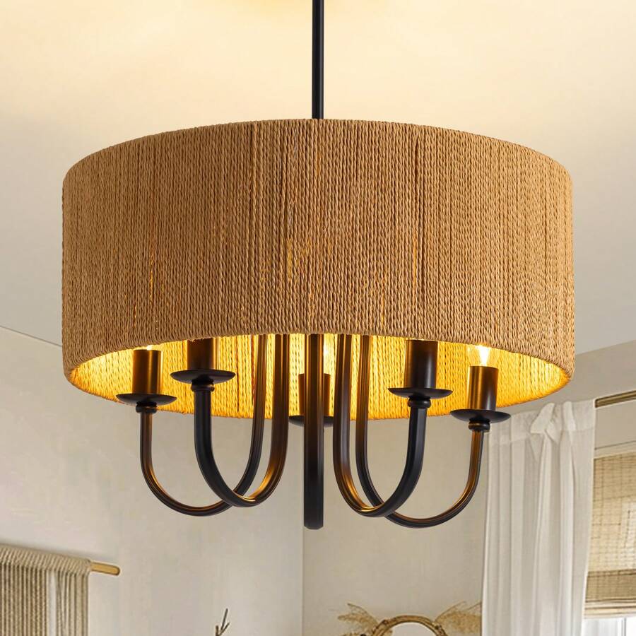 19" Bohemian Rattan Drum Chandelier, 5-Light Round Candle Pendant Light Fixture, Farmhouse Woven Cage Chandelier For Dining Room Bedroom