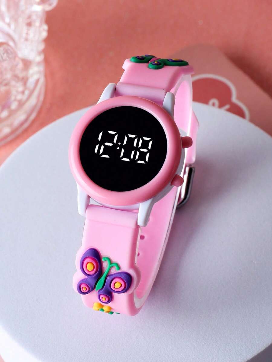 Uma pulseira eletrônica fofa de LED redonda com padrão de borboleta e futebol para meninos e meninas, adequada para uso diário e como presente.