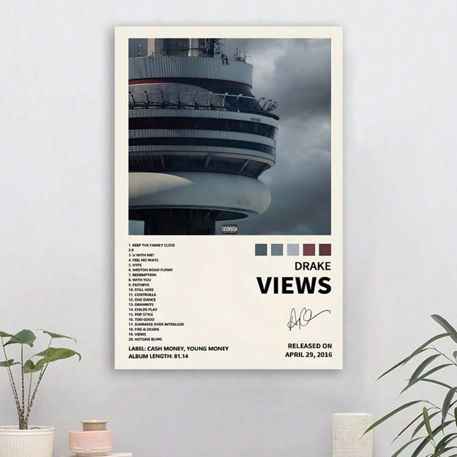 Framed Drake "Views" Album Cover Canvas Poster, Signed Art, Sports Landscape, Bedroom & Office Decor, Music Fan Gift High Quality Canvas