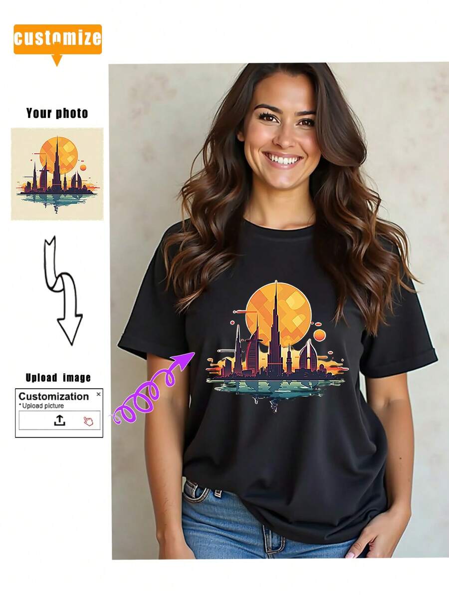Plus Size Minimalistisch Custom T-shirt, Desert Sunset Graphic Tee, Gepersonaliseerde Signature Top, Cadeau voor Hem/Haar, Vriend/Vriendin Shirt, Uniek Eid Cadeau