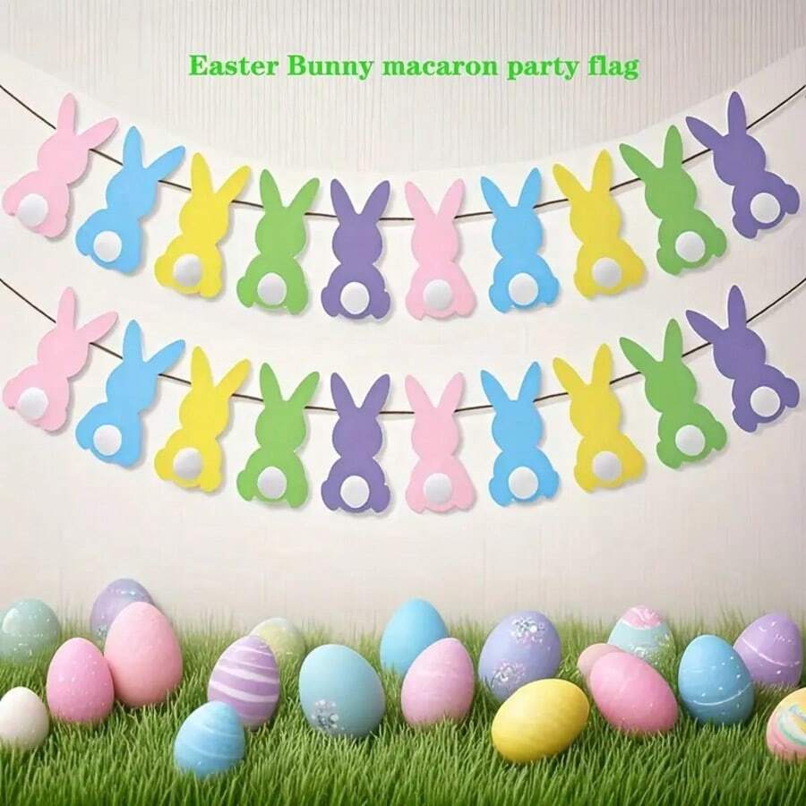 Nuevo Conejo de macarrón de Pascua, Pompón, Banner de Cinta, 1 set de 10 conejos para decoración de fiesta de Pascua