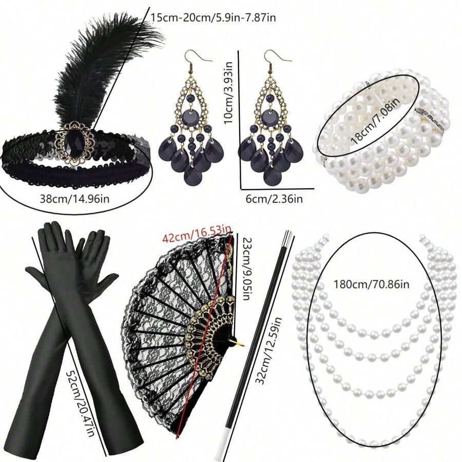 Lata 20. XX wieku, makijaż imprezowy dla kobiet, maskarada, kolczyki, elegancka, elegancka, ekskluzywna opaska na głowę, rękawiczki, bransoletka, uchwyt na papierosy, koronkowy wachlarz, 7-częściowy zestaw kostiumów imprezowych