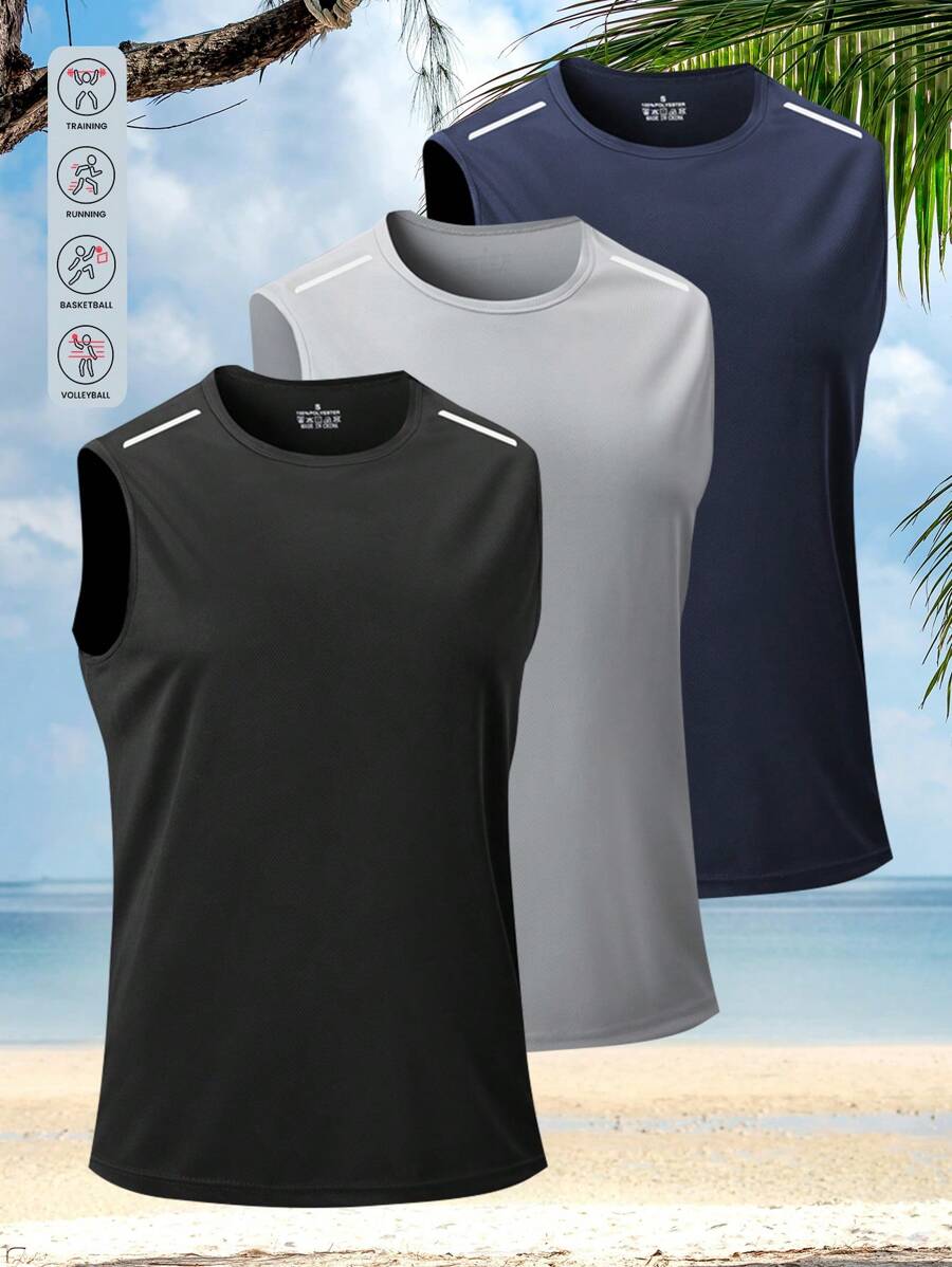 Set de 3 camisetas sin mangas ligeras y transpirables para hombre, para deportes, fitness, culturismo, correr, entrenamiento matutino y vespertino