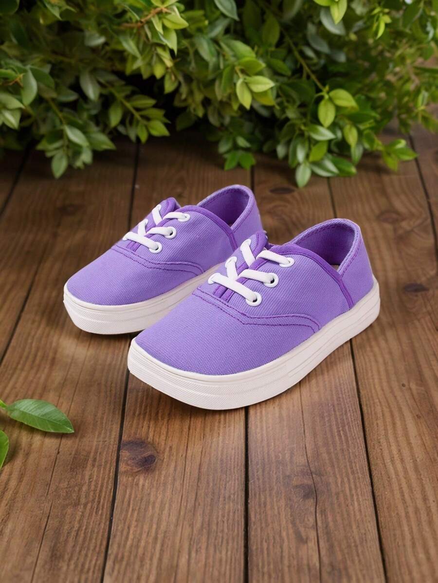 1 paar meisjes paarse canvas veterschoenen platte eenvoudige comfortabele ademende casual vierkante neus sportschoenen, geschikt voor dagelijks gebruik, alle seizoenen