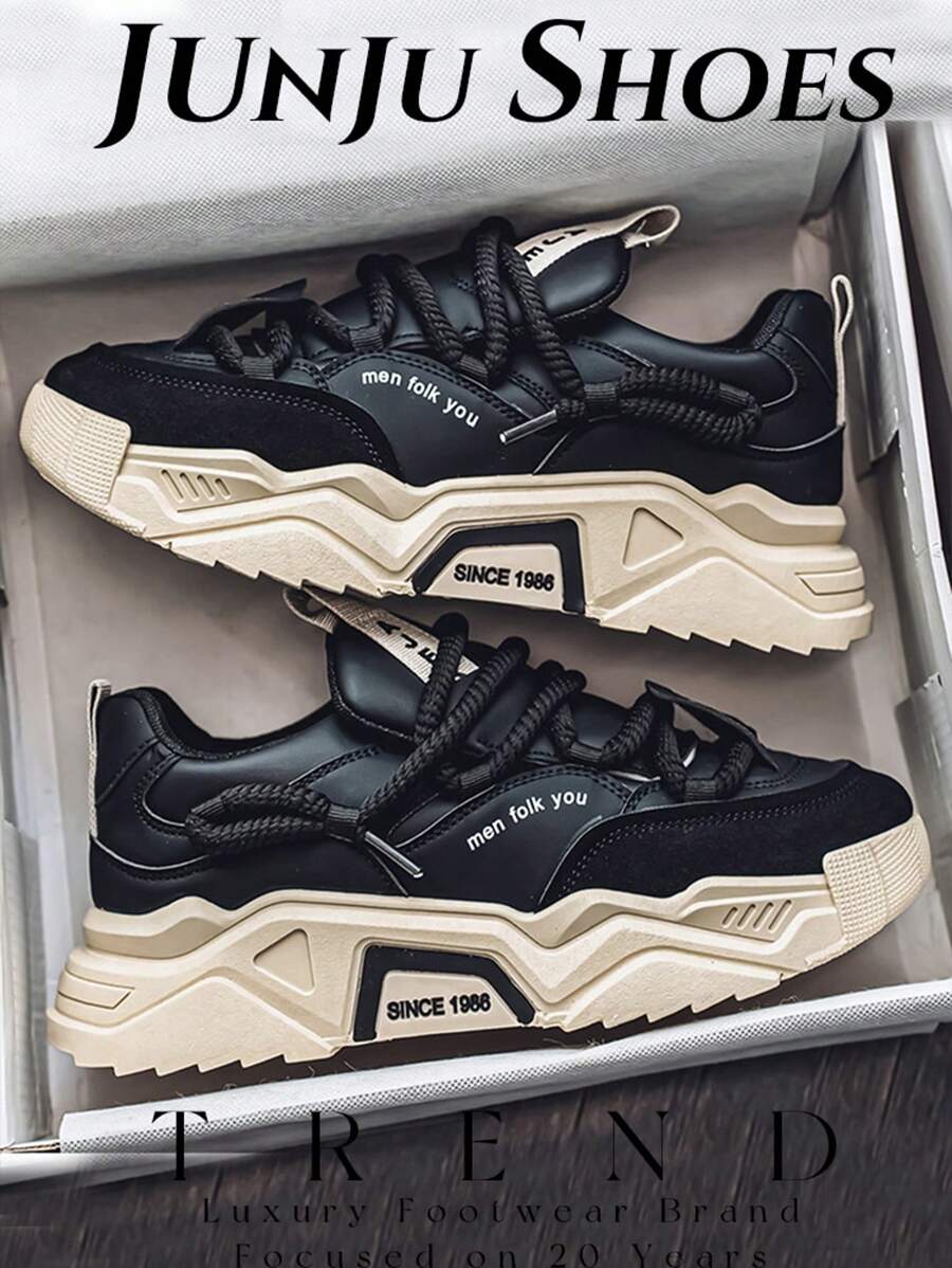 Comfortable Minimalist Stylish Outdoor Walking Casual Shoes, Urban Tie Commuting Fitness Travel Chunky Sneakers, Round Toe Low Top Color Block Versatile Add Height Sports Shoes,Large Size