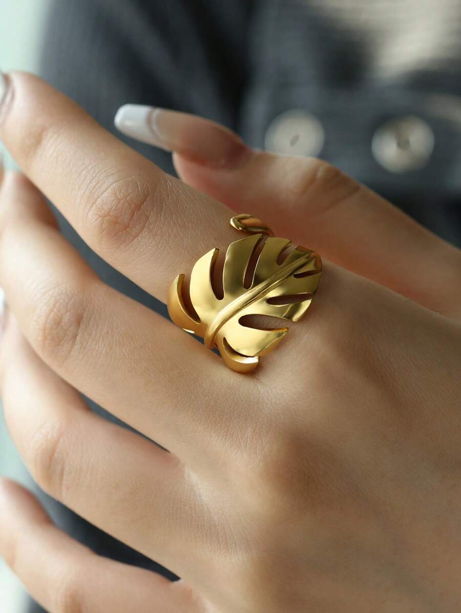 1 Pc Stainless Steel Leaf Shaped Open Ring, Suitable For Daily Wear