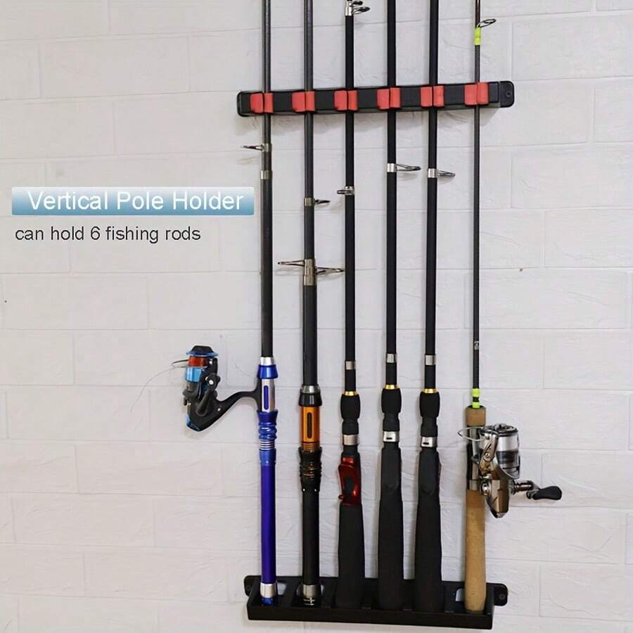 1pc Easy To Install Black Color Fishing Rod Wall Mount Rack, Sturdy , Holds Up To 6 Rods, Suitable For Outdoor, Home, Garage, Multi-Slot Design, Easy Storage, Space-Saving, Fits Various Fishing Rods, Ideal For Fishing Enthusiasts