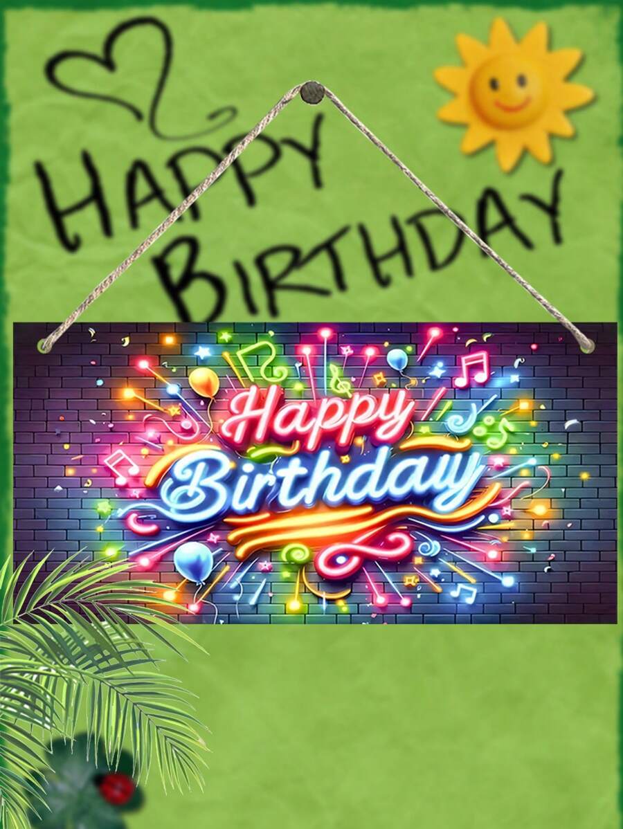 1 st. 2D plat neon muziek Happy Birthday bord feestversiering, vol feestelijke sfeer, felle kleuren - Retro decor 7,87 inch/20 cm houten hangende ornamenten deurdecoratie woondecoratie vakantie feestdecoratie (met touw)