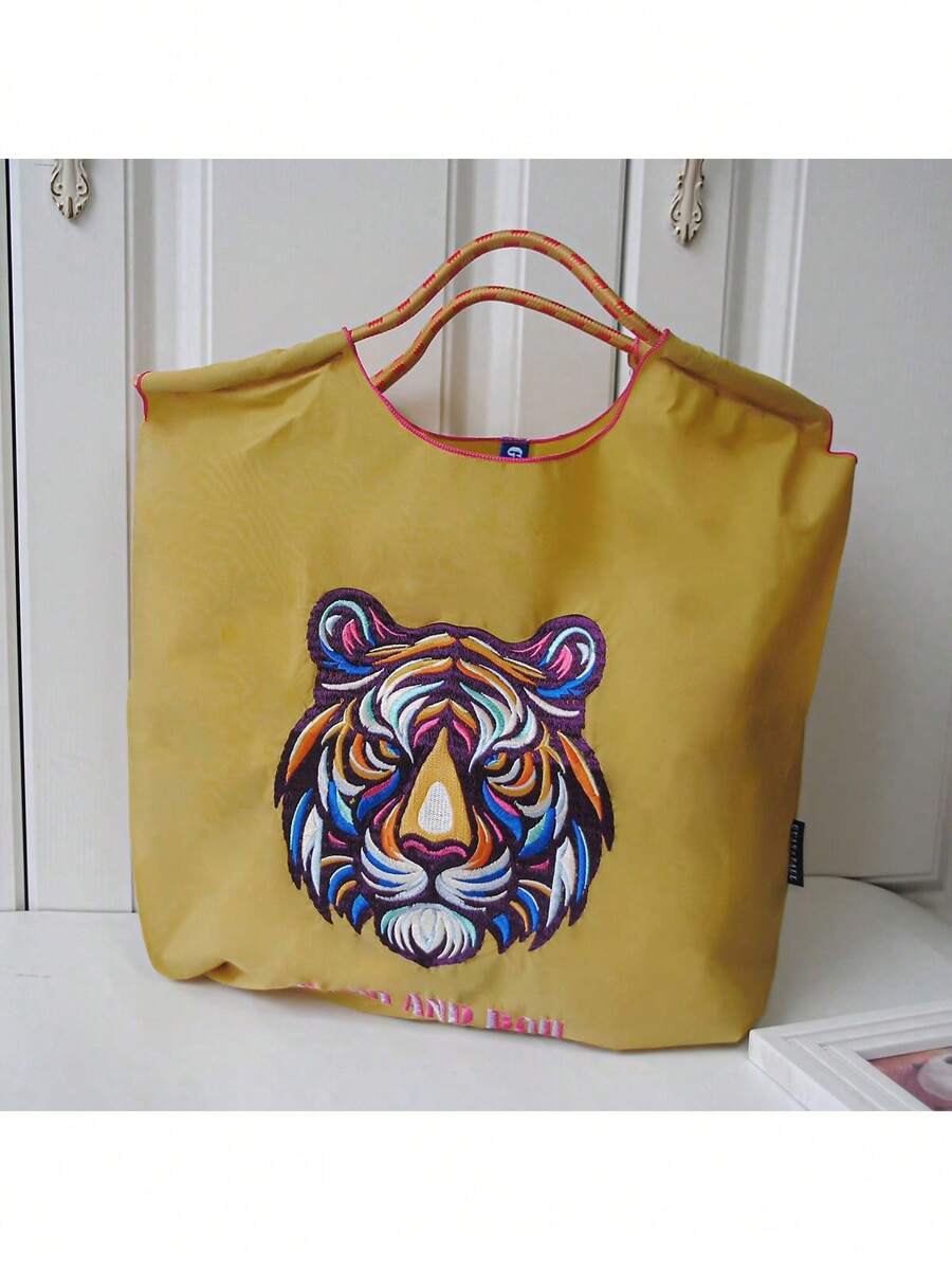 New Stylish Japanese Minimalist Embroidered Nylon Shopping Tote Bag, Fashionable Handbag