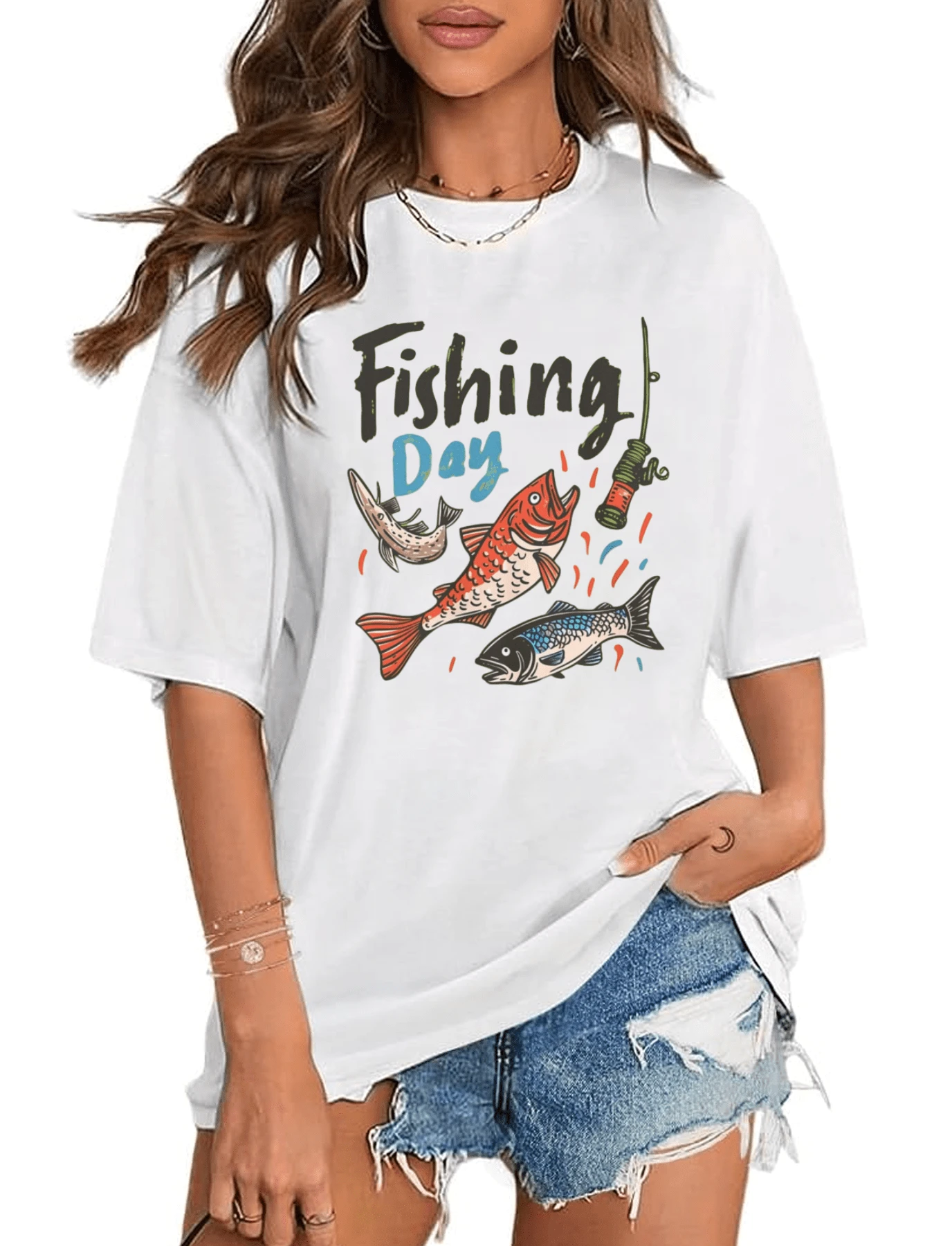 Payeah Fishing Day Printed Women's Casual Cotton T-Shirt 1 Pcs 220g Heavy Cotton T Shirt