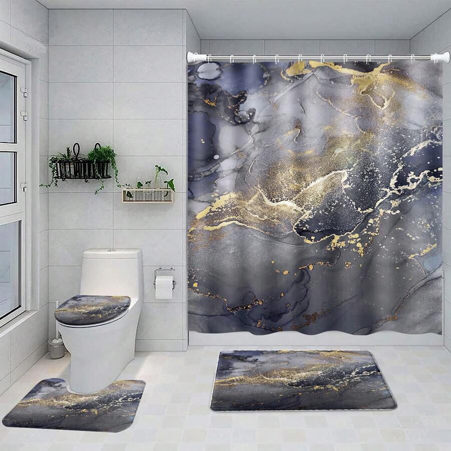 1st/4st Badkamergordijnen Doucheset, Douchegordijnset, Badkamerdecoratie, Badkamermat, Badmat, Badkamermat, Woondecoratie, Grijs Ombre Marmerpatroon, Moderne Minimalistische Luxe Stijl, Decoratie met All Seasons-thema, Klassieke Minimalistische Luxe Badkamerset, Wordt geleverd met 12 Haken