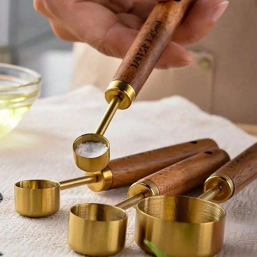 4 pièces Set de tasses et de cuillères de mesure dorées avec poignées en bois de rose, ensemble d'ustensiles de cuisine de cuisson, accessoires de cuisine