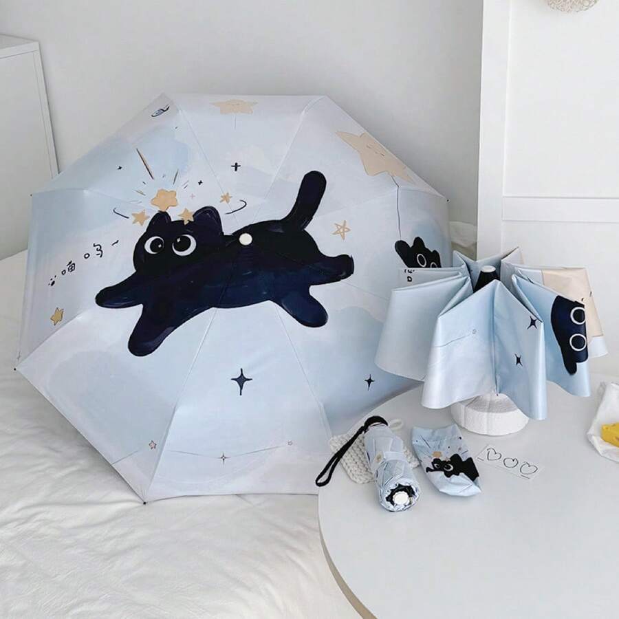 1 pièce Parapluie pliant automatique imprimé chat mignon, double usage pluie/soleil, parasol de voyage anti-UV