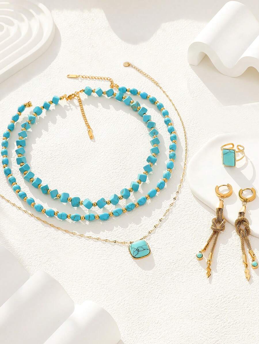 Western Country Turquoise Series Necklace Bracelet Ring Earrings, Bohemian Holiday Style Elegant Fashion Stainless Steel Plating 18K Gold, Party Banquet Gifts, Daily Wear First Choice