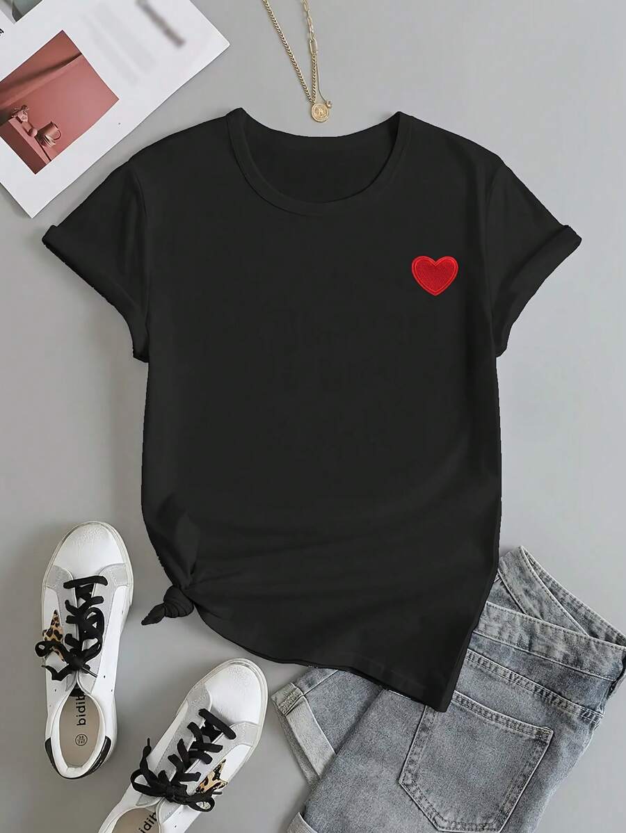 Chic Heart Embroidered T-Shirt For Women - Casual Crew Neck, Short Sleeve Top, Perfect For Spring & Summer, Machine Washable 1pcs 100% Cotton Digital Printed T Shirt