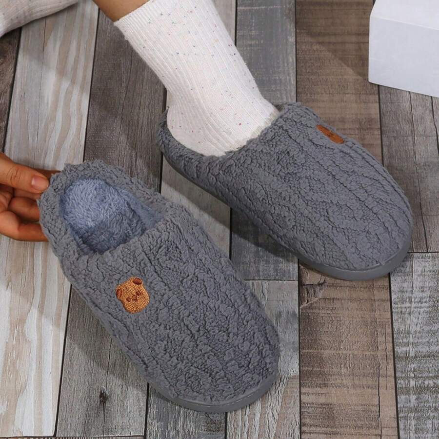 Unisex Plush Slippers With Cartoon Bear Design, Indoor Anti-Slip Warm Soft Bottom Couple Slippers For Men And Women, Autumn/Winter