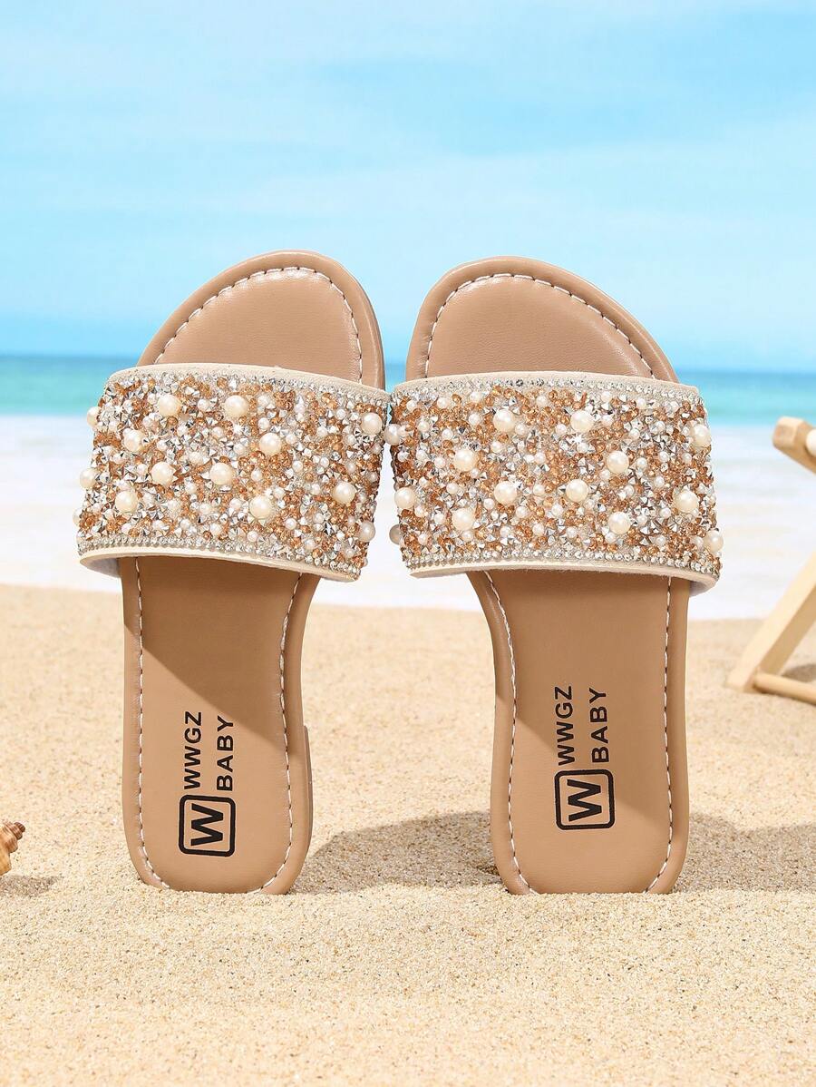 Summer Kids' Fashion Slide Sandals, Girls' Pearl Decor Princess Shoes, Flat Casual Beach Slippers, Suitable For Everyday Outing And Outdoor Vacation